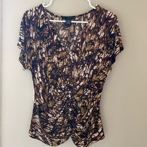 Grace Short Sleeve Front Ruched Blouse Women XL Brown Marbled Print